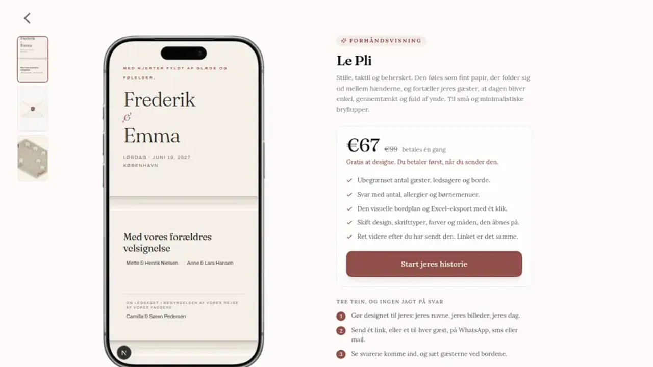 Den danske Le Pli-skabelon vist på en telefon