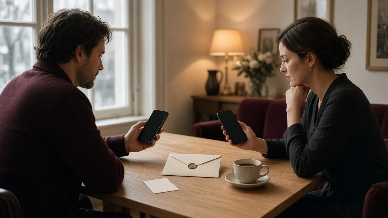 To personer holder hver sin telefon ved et lyst træbord med en lukket bryllupskuvert mellem sig