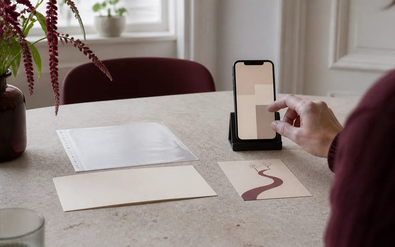 En blank cremefarvet invitation og en plastlomme ved siden af en telefon på en bordholder