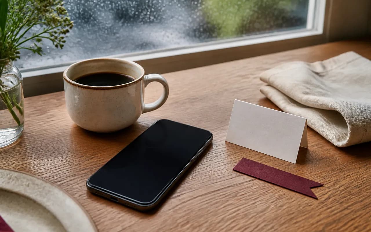En telefon, en kaffekop og et blankt bordkort ved et regnvådt vindue