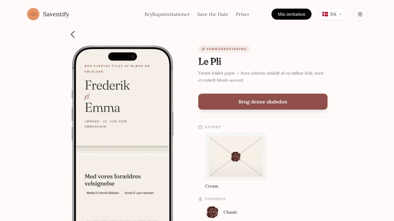 Dansk Le Pli-skabelonside med invitationen til Frederik og Emma i mobilvisning