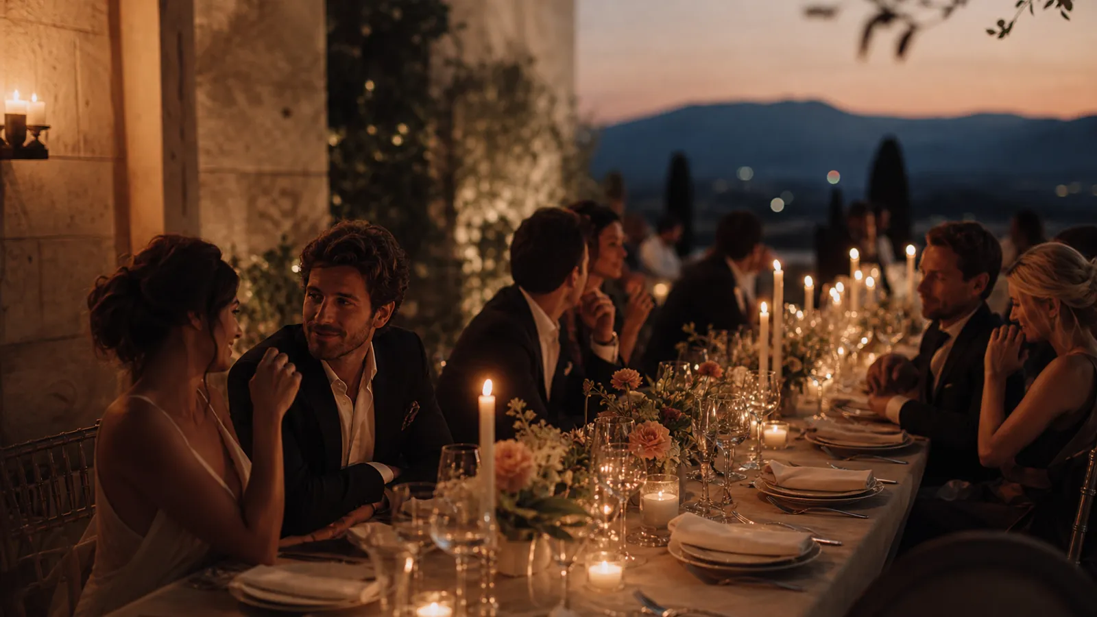 Eine elegante Abendfeier mit Kerzenlicht und festlich gedeckten Tischen ohne Kinder