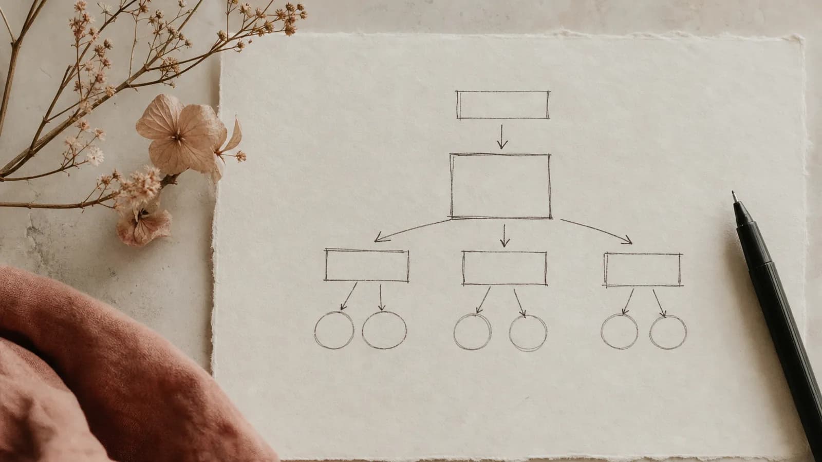 Ein Flussdiagramm der Hochzeitsplanung mit Budget, Datum und Location als ersten Schritten