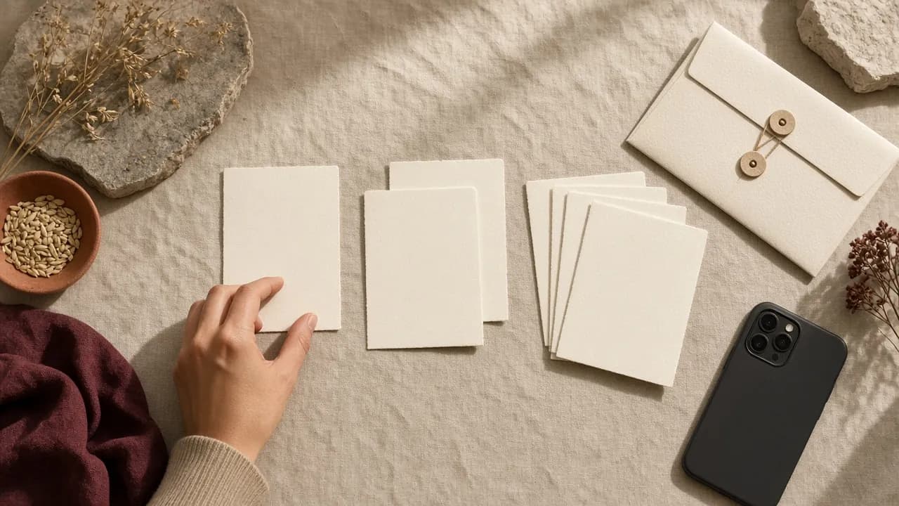 Eine Hand ordnet leere Namenskarten in drei Gruppen neben Umschlag und Smartphone