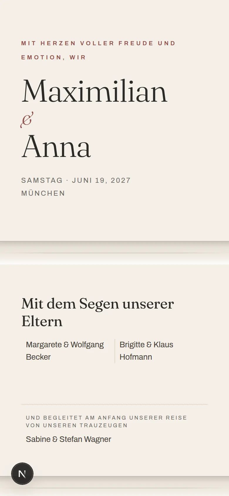 Geöffnete deutsche Le-Pli-Hochzeitseinladung mit Namen, Datum und Eltern