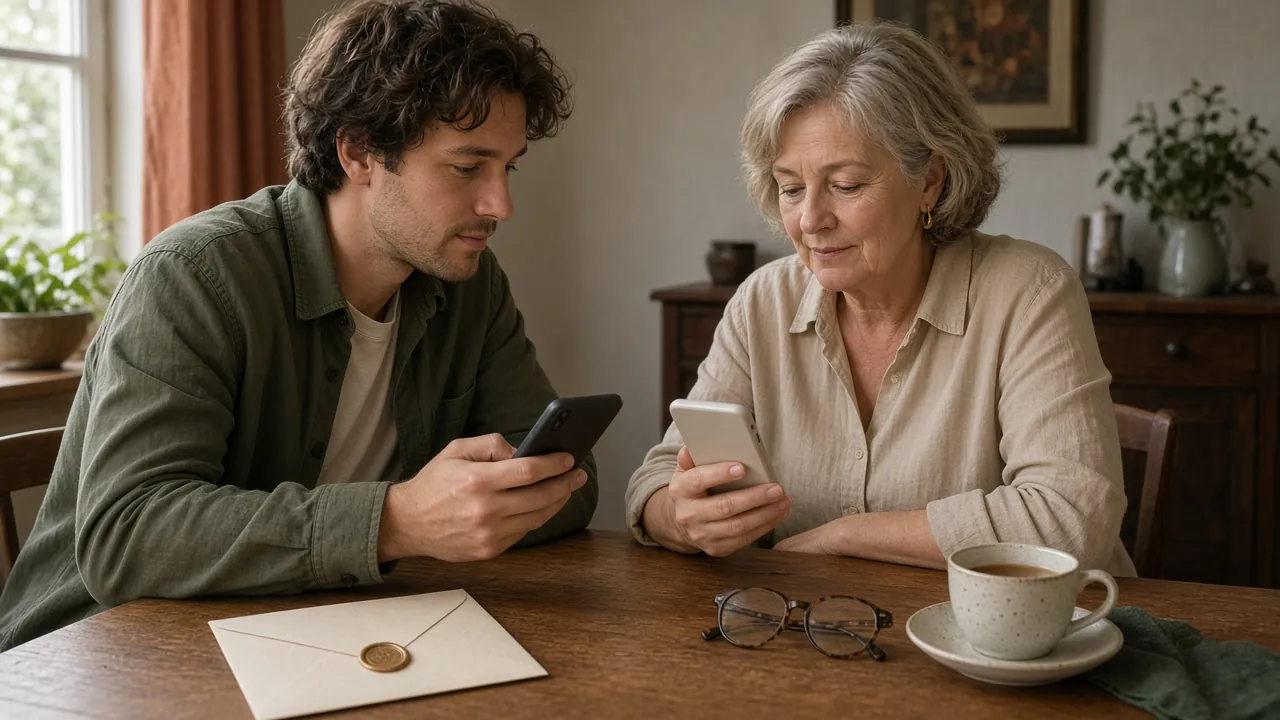 Eine jüngere und eine ältere Person prüfen eine Hochzeitseinladung auf zwei Smartphones