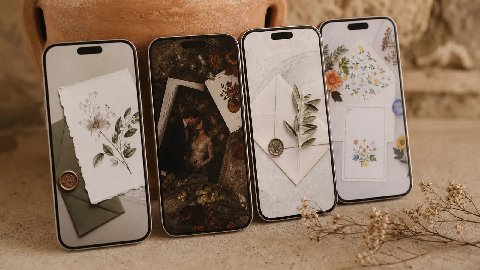 Mehrere Stile digitaler Hochzeitseinladungen nebeneinander auf Smartphone-Displays in warmen Farbtoenen