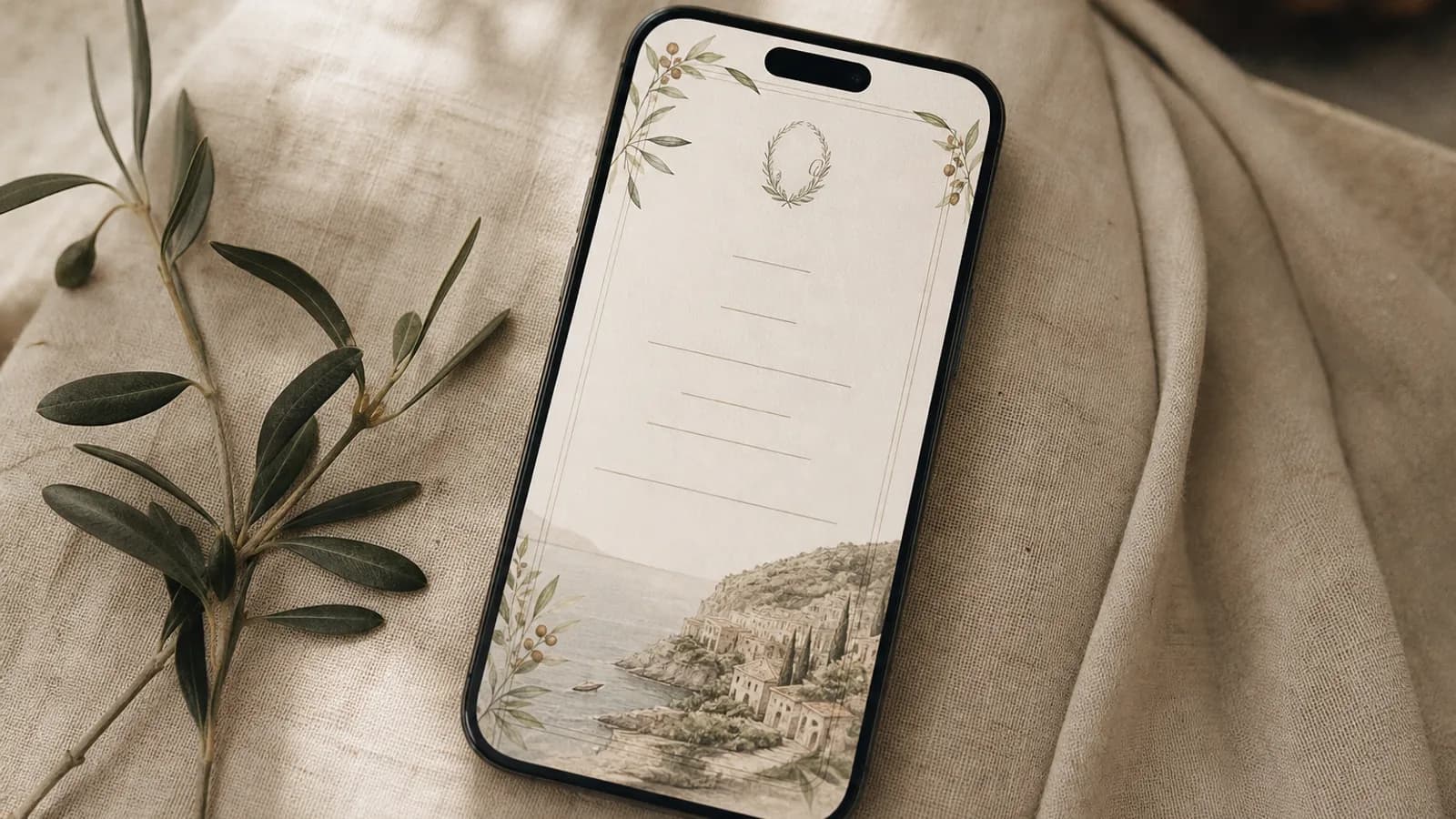Eine elegant formulierte digitale Hochzeitseinladung auf dem Smartphone mit klarer Typografie
