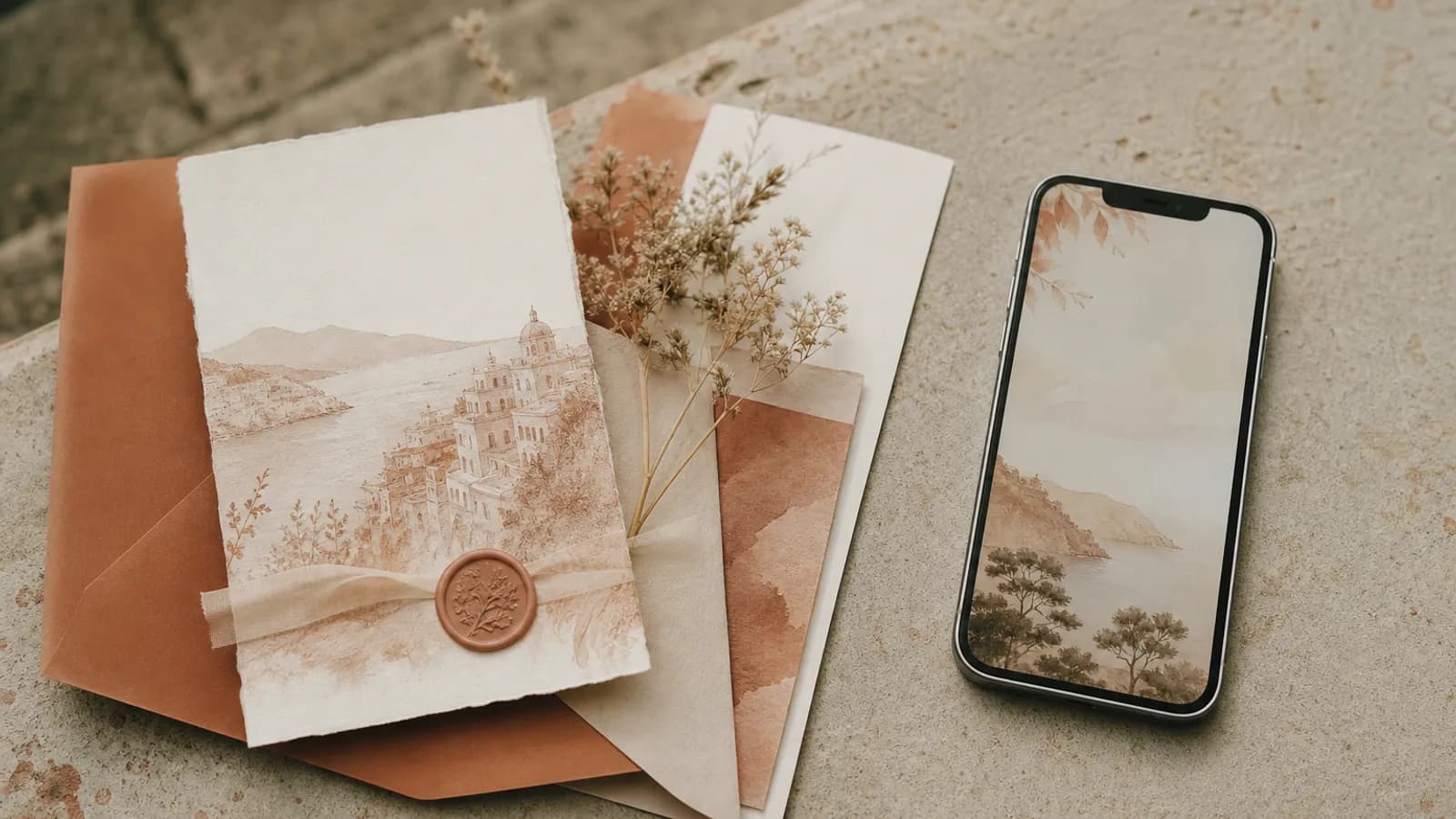 A printed wedding invitation suite beside a phone showing a digital invitation on a stone surface