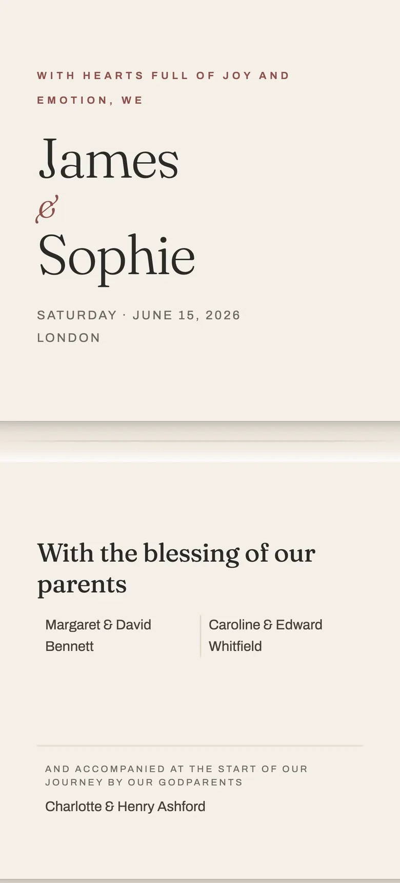 The real English Le Pli invitation preview with the couple's names and wedding date