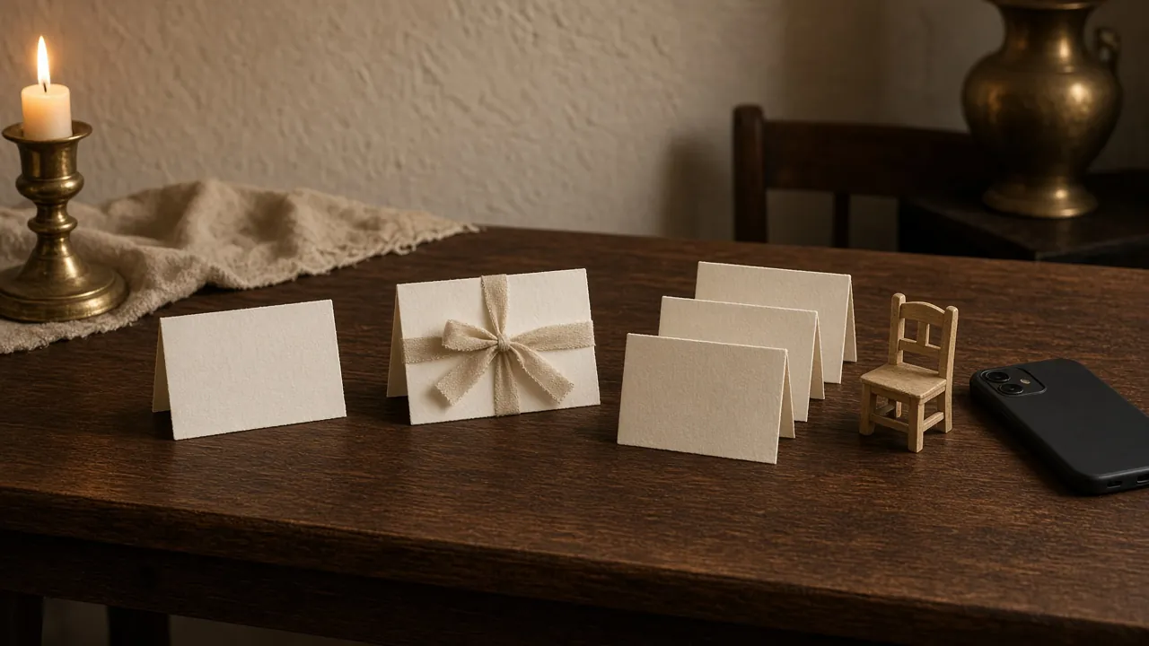 Place cards grouped for one guest, a couple and a household with a child
