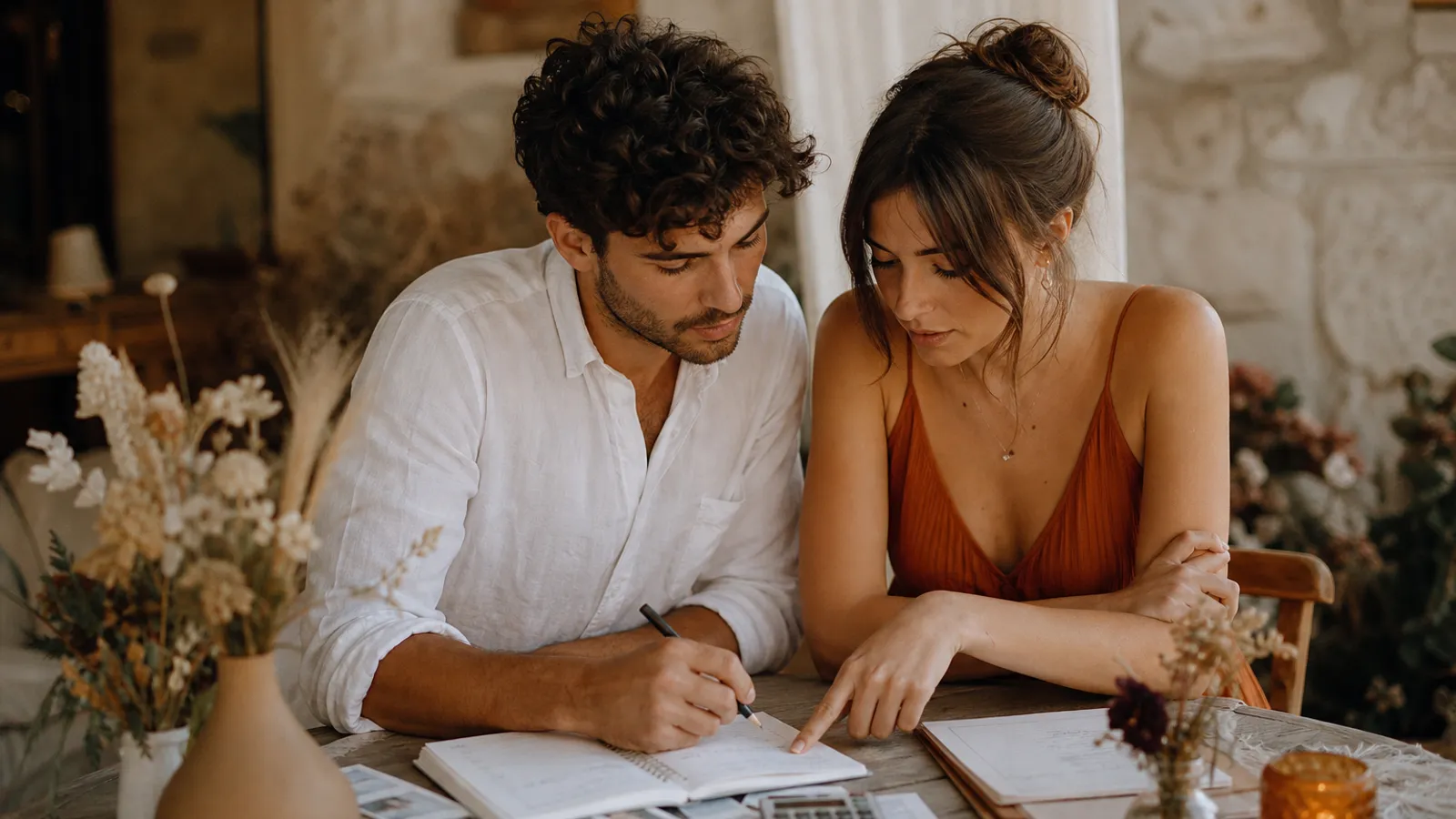Pareja revisando dónde ahorrar en el presupuesto de su boda