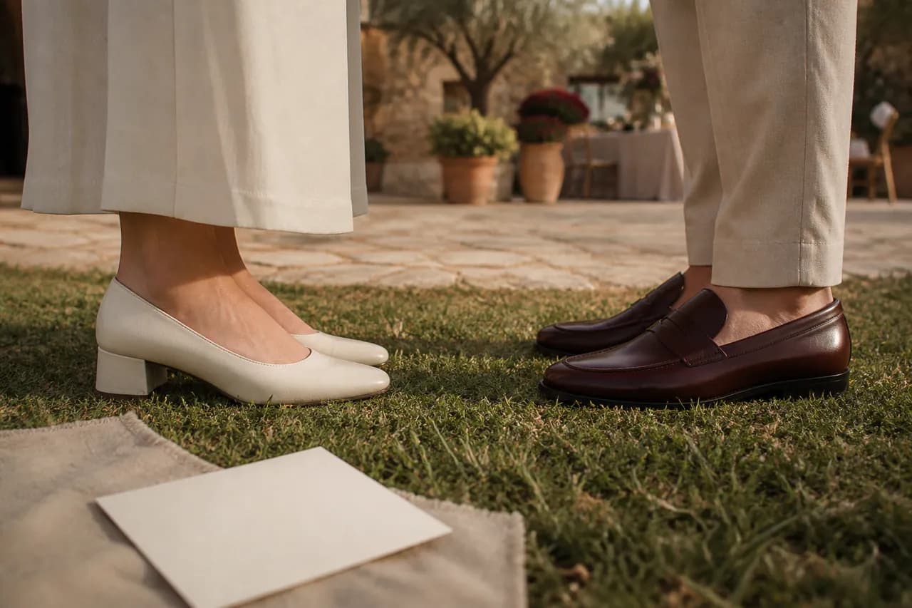 Tacón bajo estable y mocasines sobre el césped de una finca, junto a una invitación y una muestra de lino