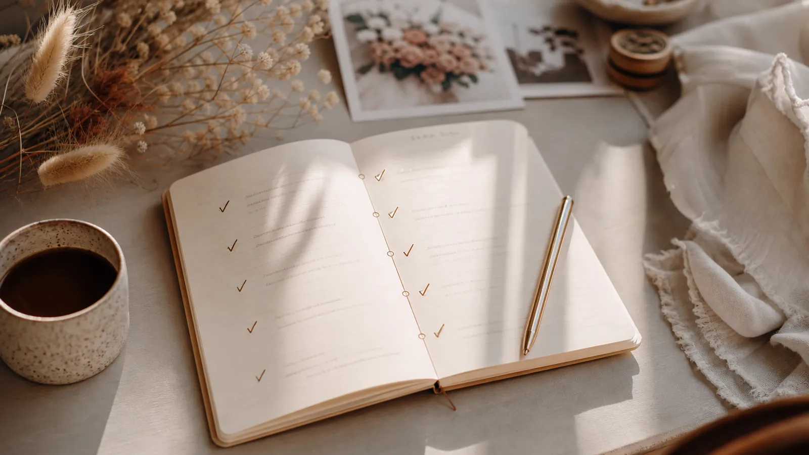 Cuaderno de planificación de boda con cronograma y tareas marcadas