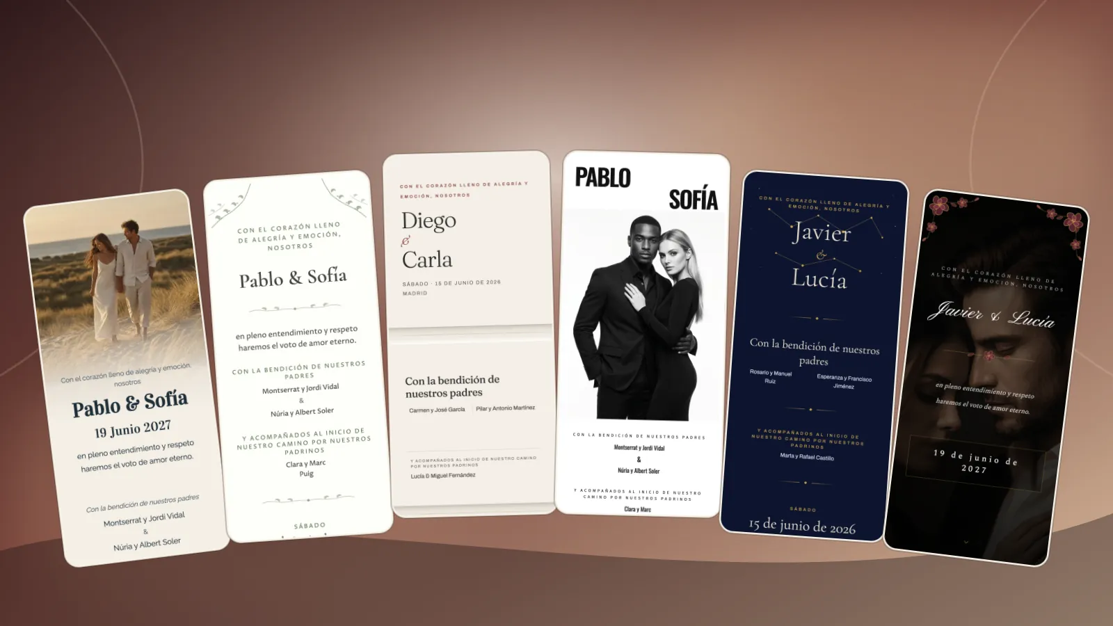 Seis plantillas actuales de invitaciones de boda digitales con contenido de muestra en español