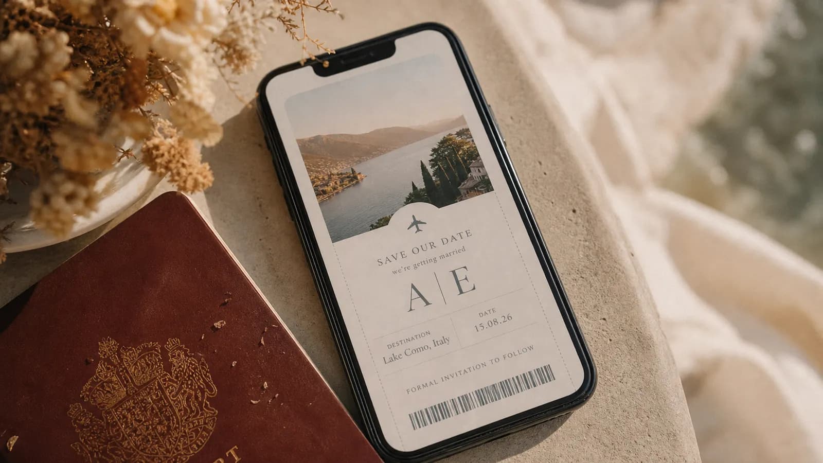 Save the date digital con estilo de pase de embarque para una boda de destino
