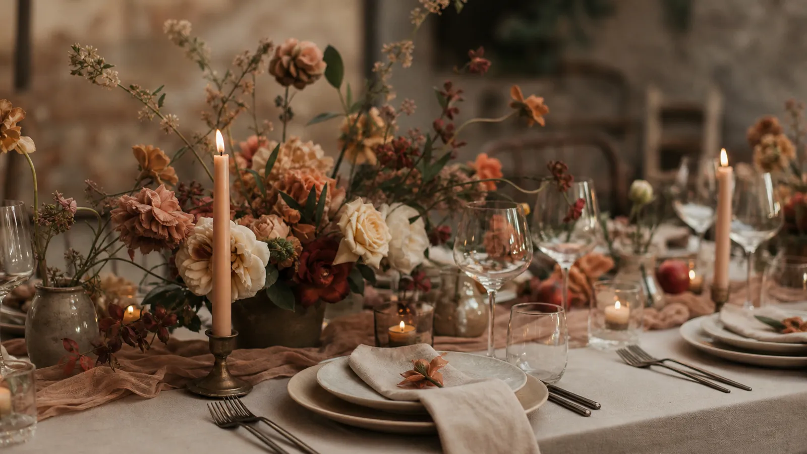 Mesa de boda decorada con una paleta de color coherente y flores