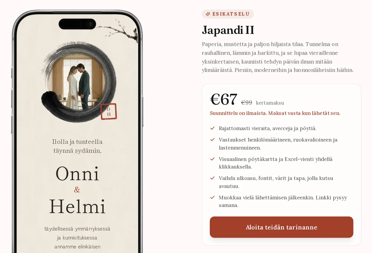 Suomenkielinen Japandi II -mallisivu: puhelimessa kutsun kansi, jossa nimet Onni ja Helmi, ja vieressä mallin kuvaus ja ominaisuudet