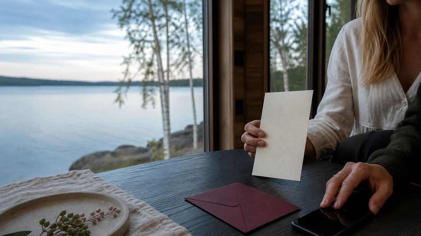 Pari vertaa tyhjää kutsukorttia ja puhelinta suomalaisessa järvenrantamökissä