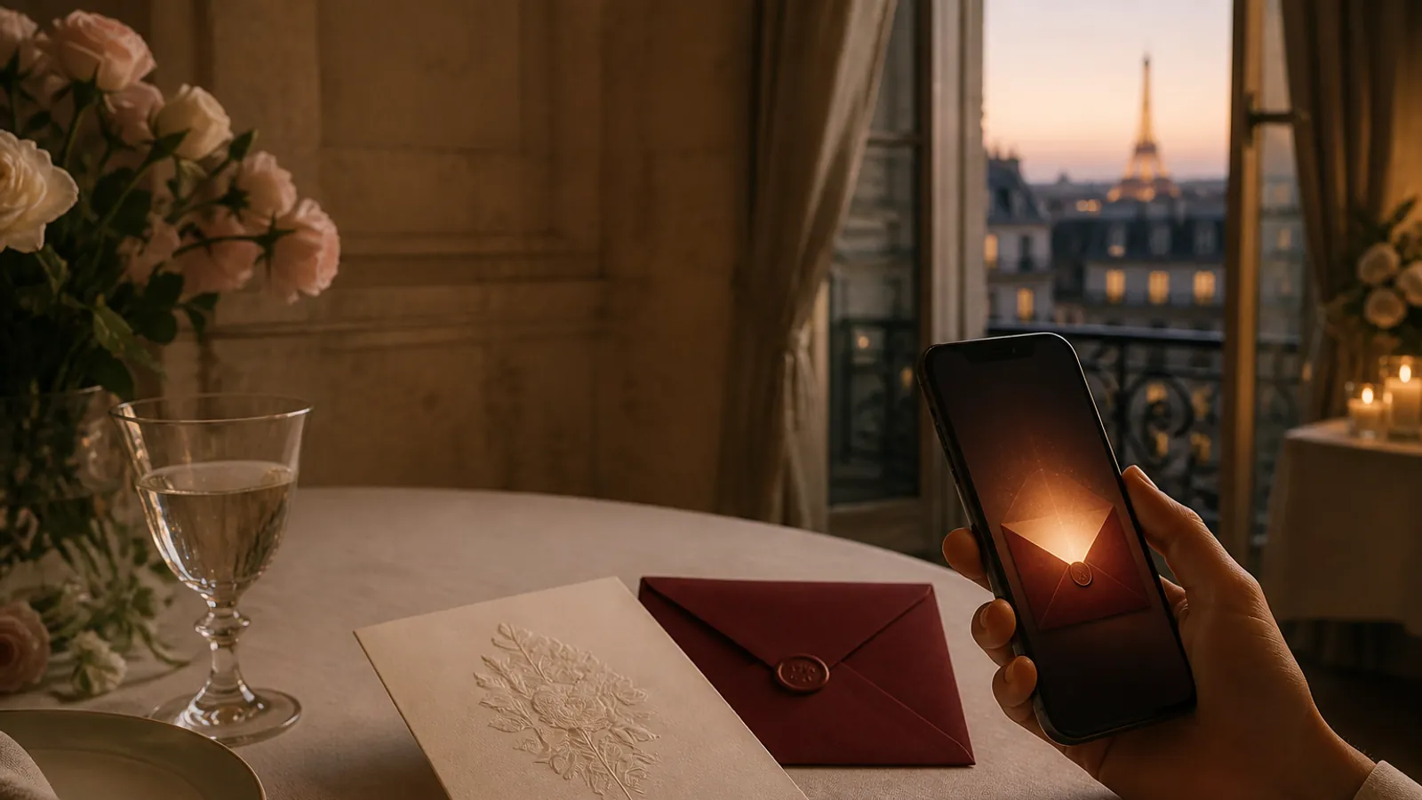 Faire-part de mariage et téléphone montrant l’ouverture lumineuse d’une enveloppe