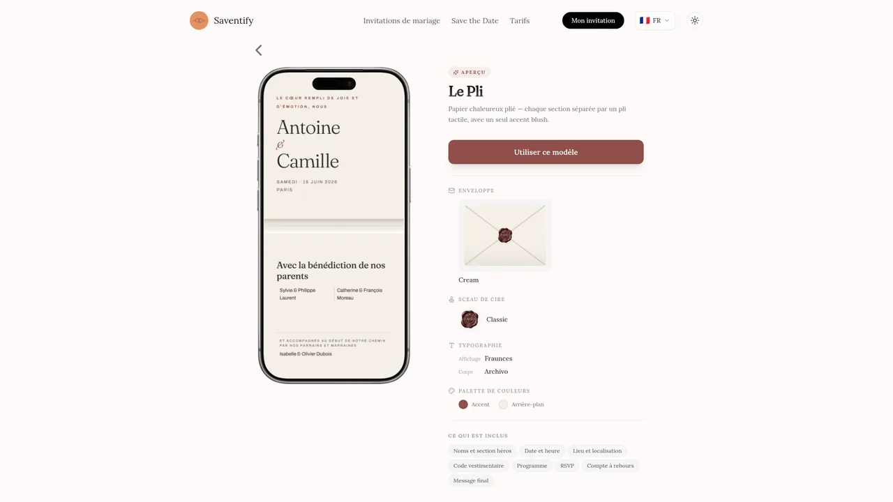 Aperçu français du modèle de faire-part Le Pli