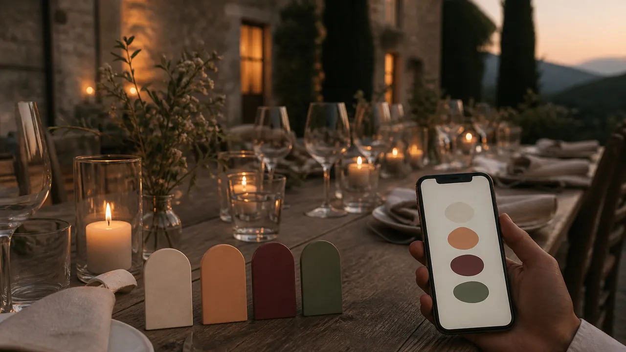 Quatre repères colorés sur une table de réception avec un téléphone