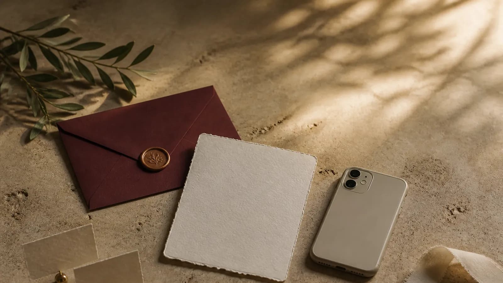 Partecipazione avorio, busta color vino e telefono su un tavolo in travertino