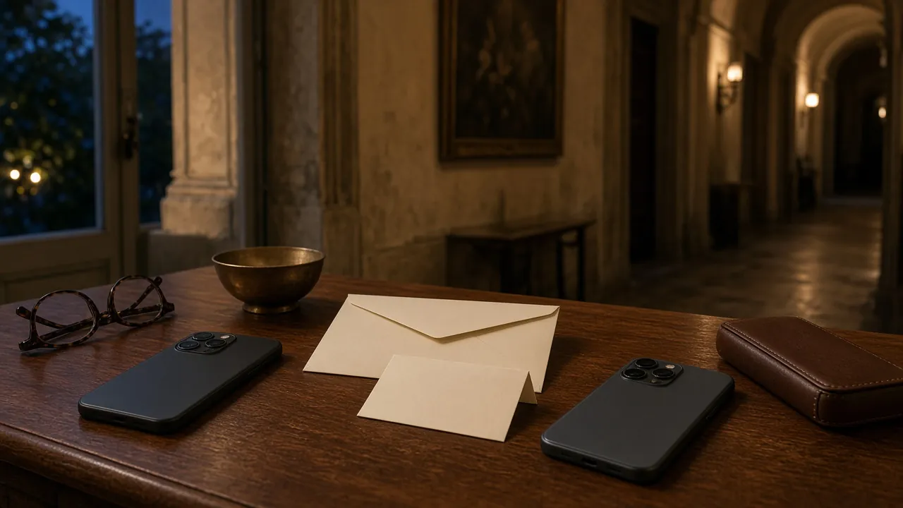 Due telefoni accanto a una busta avorio e a un cartoncino piegato su un tavolo in legno