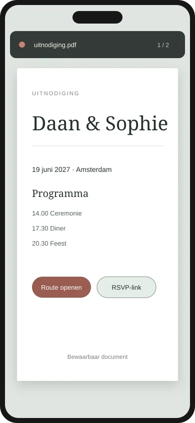 Klikbare trouwuitnodiging als pdf met route- en RSVP-link op een telefoon