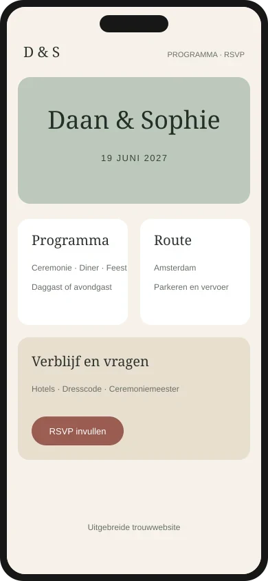 Trouwwebsite met programma, route, verblijf en RSVP op een telefoon