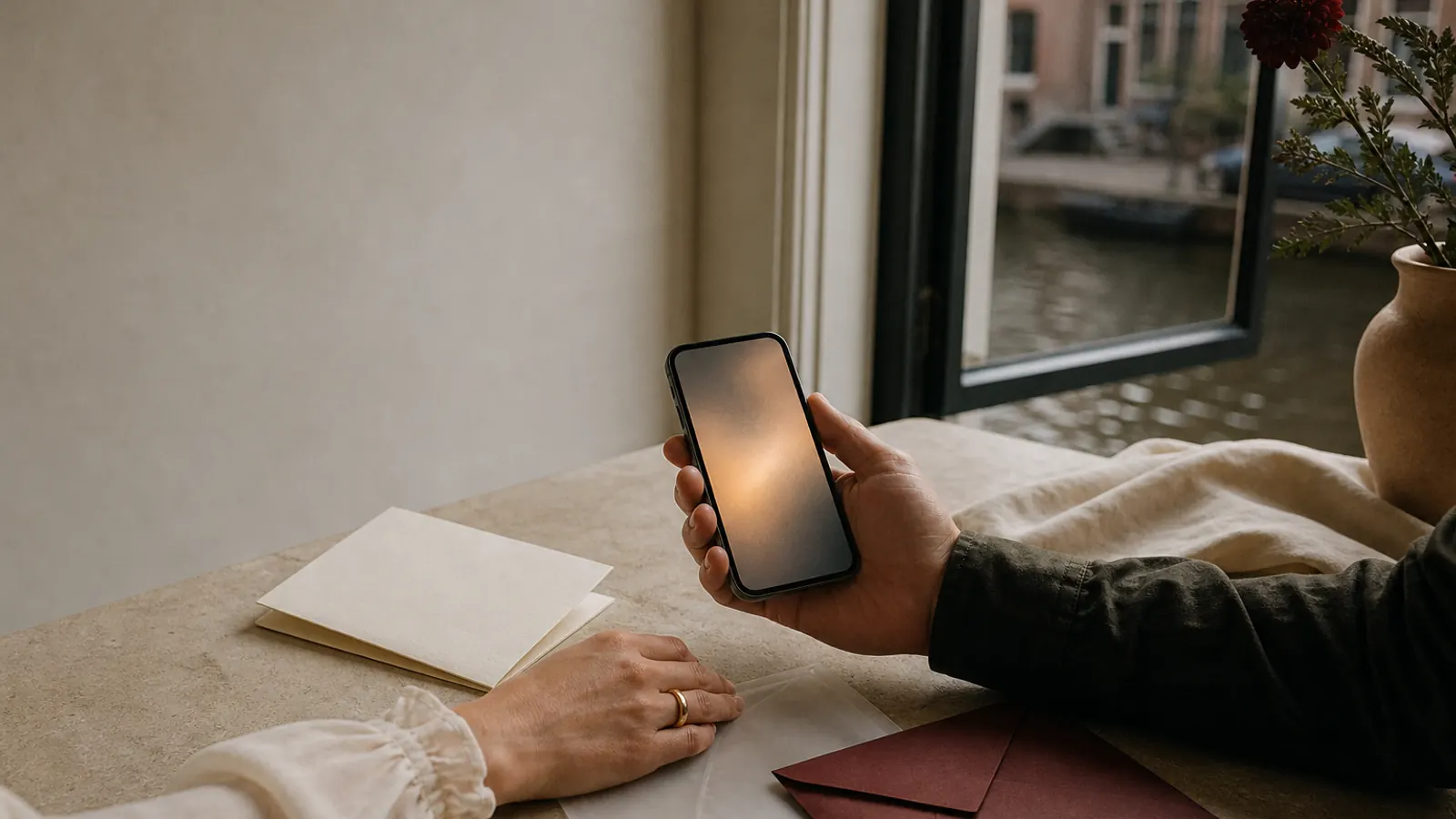 Twee mensen bekijken een trouwkaart en een online uitnodiging op een telefoon aan een Amsterdamse gracht