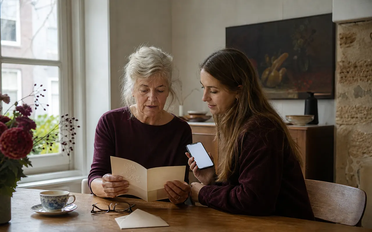 Twee mensen van verschillende leeftijden bekijken samen een trouwkaart en een uitnodiging op een telefoon