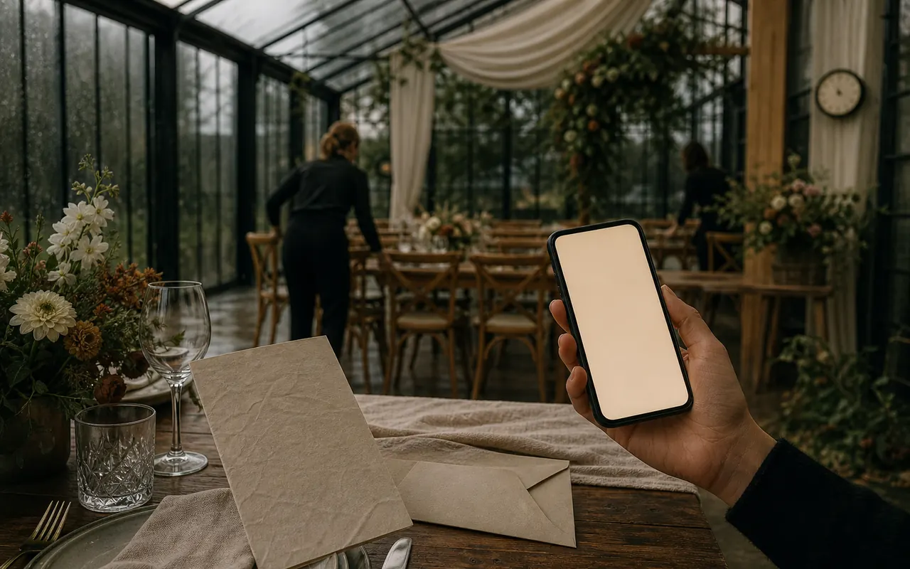Papieren trouwuitnodiging naast een telefoon in een glazen trouwlocatie