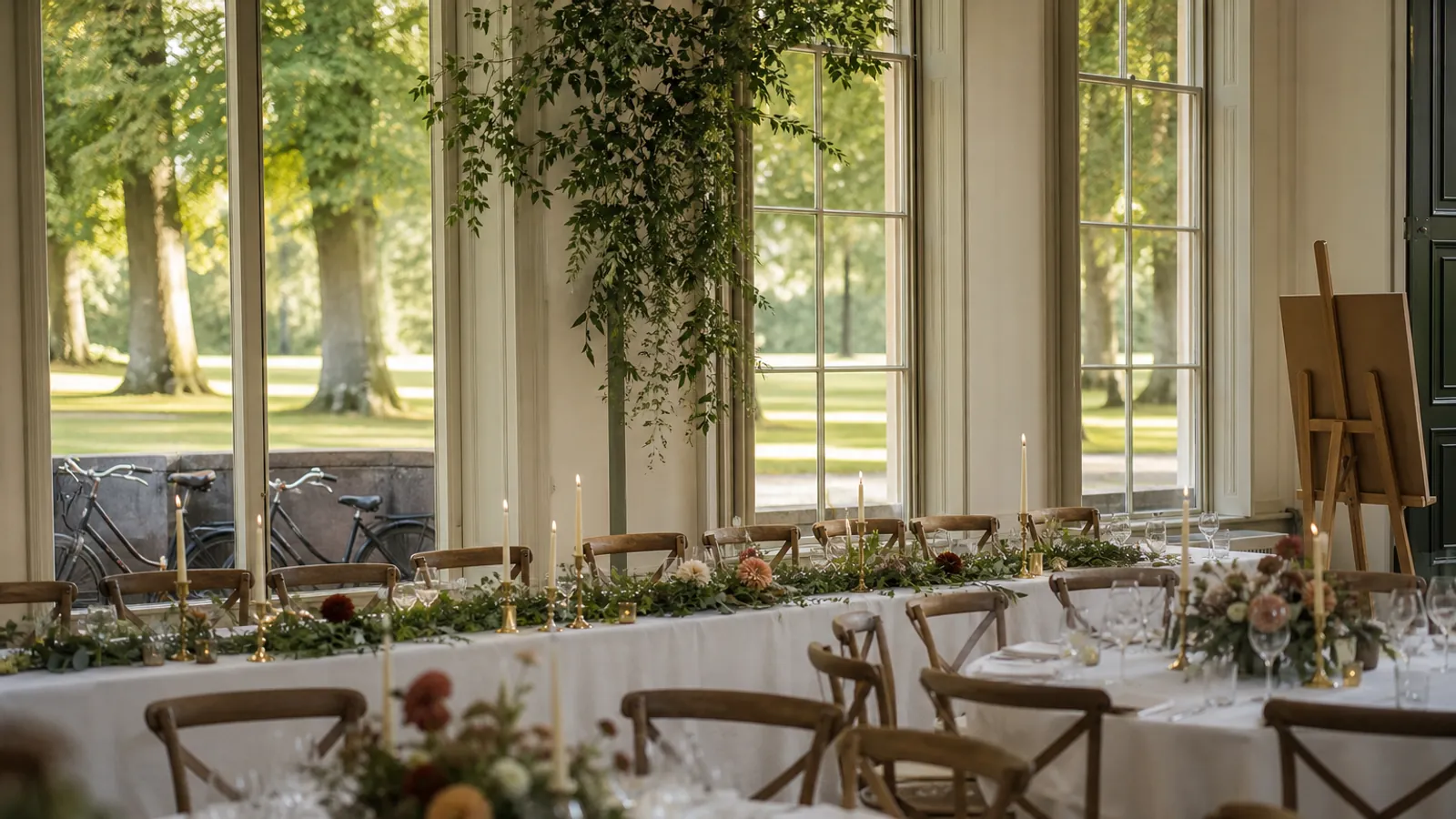 Dinerzaal van een landgoed met een lange bruidstafel tegenover ronde tafels en een plattegrondbord bij de ingang