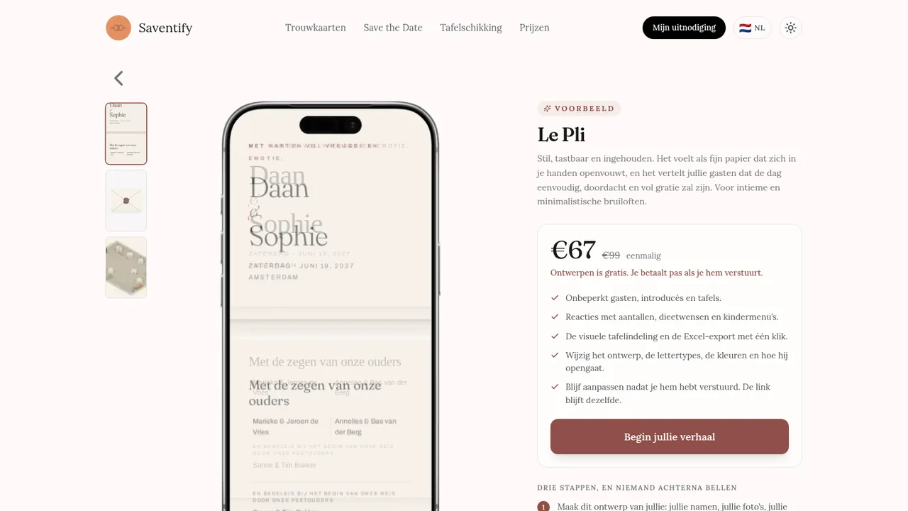 Nederlandse productpagina van Le Pli met de uitnodiging op een telefoon