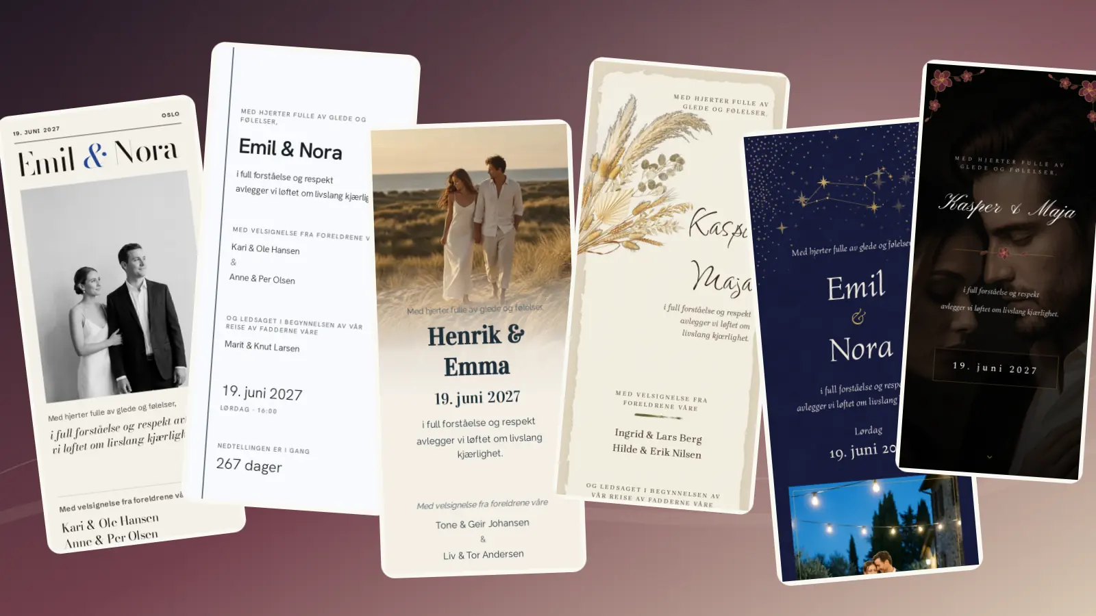 Seks norske Saventify-invitasjonsmaler i mobilformat: to lyse minimalistiske uttrykk, et kystfoto, tørkede strå, en mørk stjernehimmel og mørke blomster