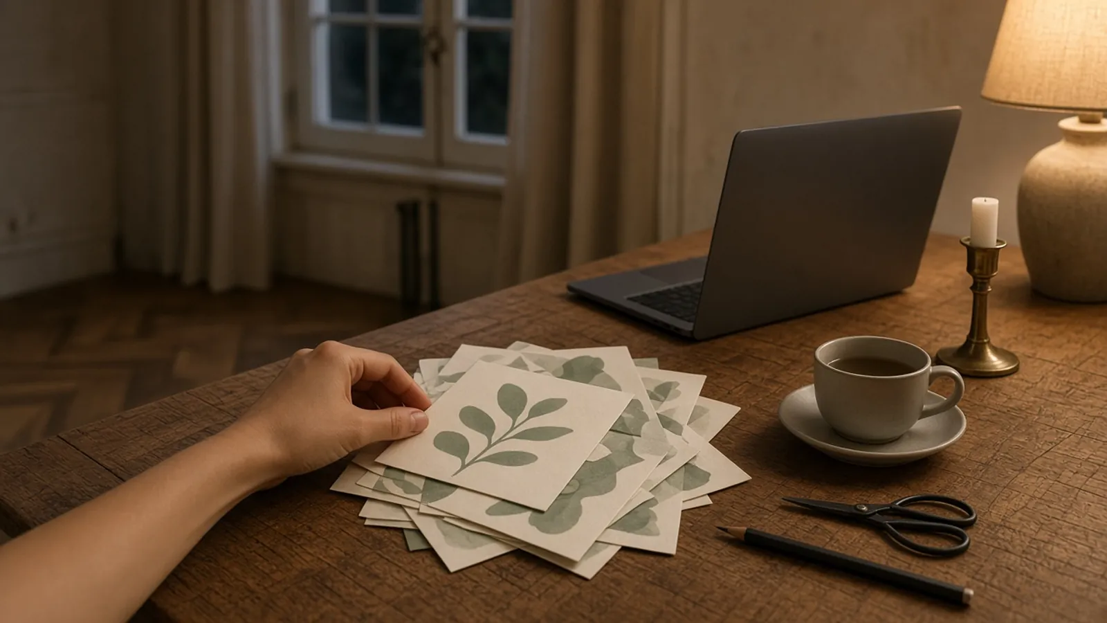 Późny wieczór przy domowym stole: laptop z ekranem odwróconym od widza, stos odrzuconych próbnych wydruków małej kartki save the date, dłoń odkładająca kolejny wydruk, wystygła herbata i ciepłe światło lampy