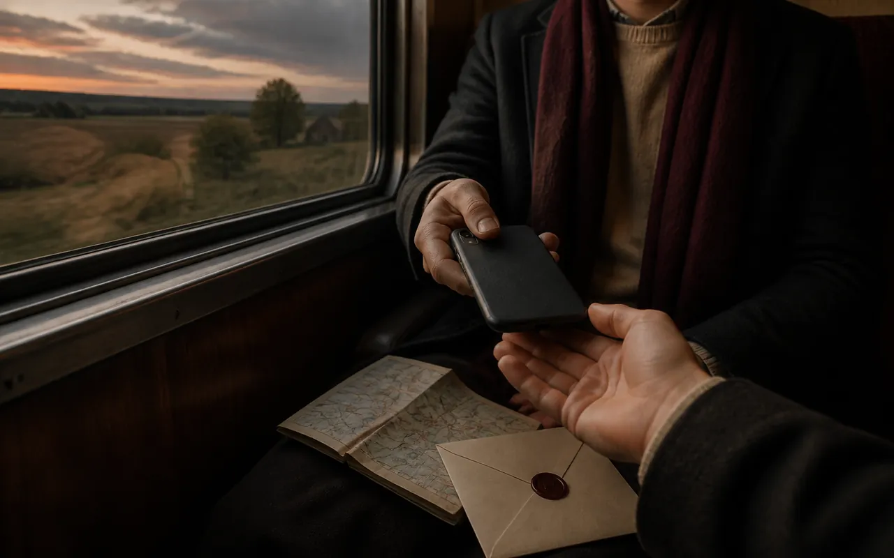Dwie osoby przekazują sobie telefon w przedziale pociągu; obok leżą mapa i koperta
