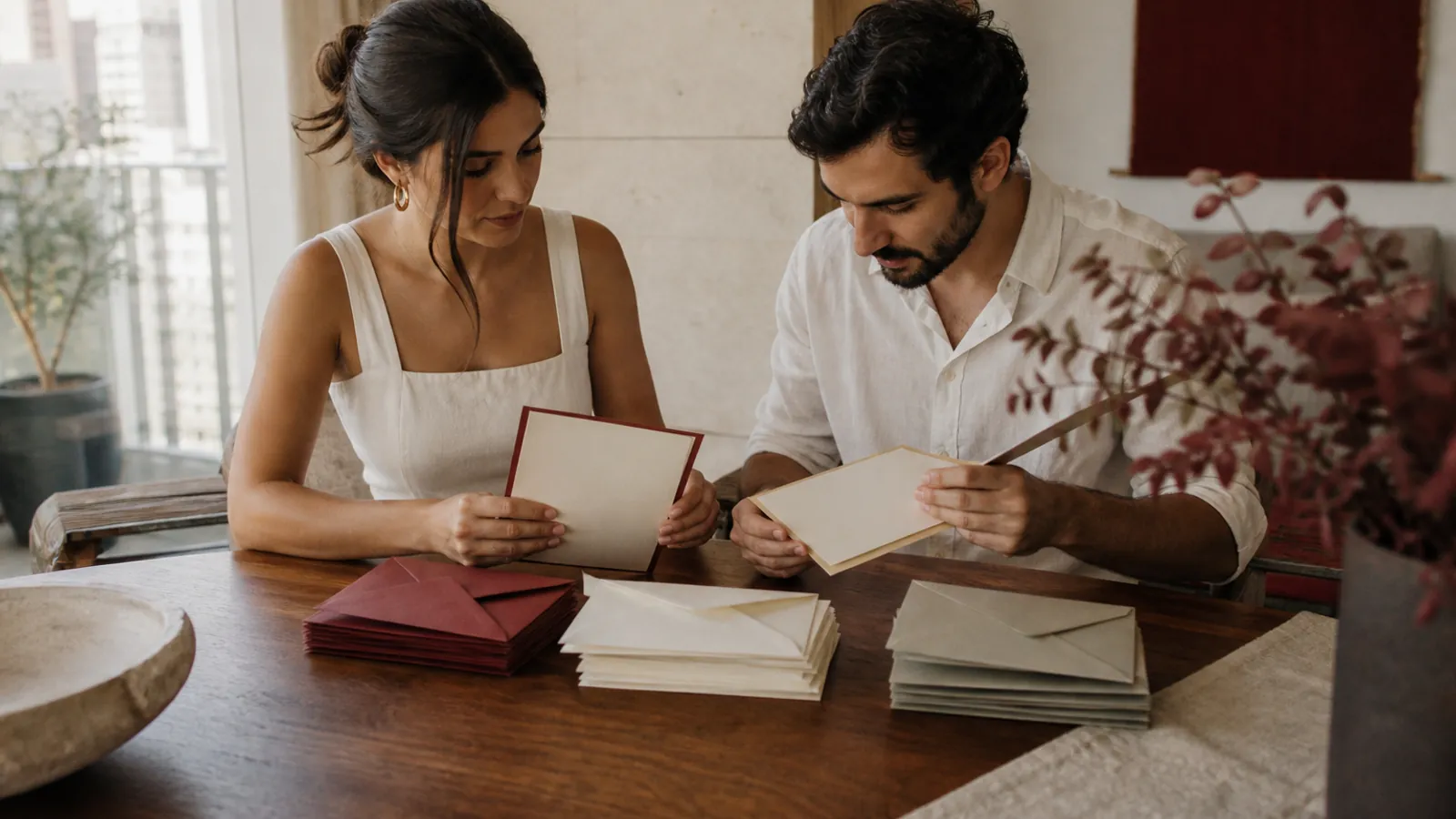 Casal compara cartões de convite em branco diante de pilhas de envelopes vinho, marfim e cinza