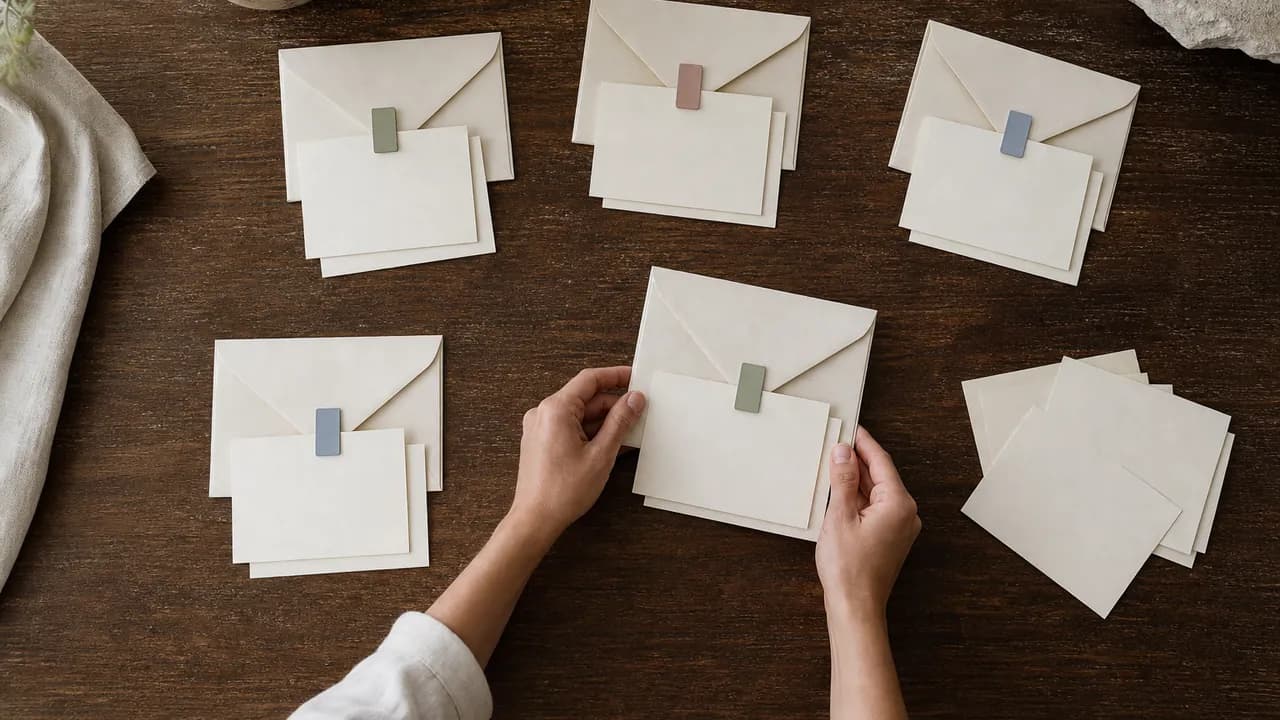 Seis conjuntos de envelopes e cartões em branco são organizados sobre uma mesa, alguns identificados por abas coloridas
