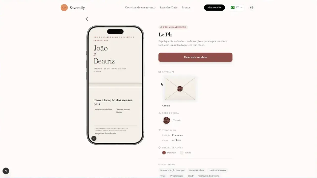 Página do modelo Le Pli em português com pré-visualização em um celular