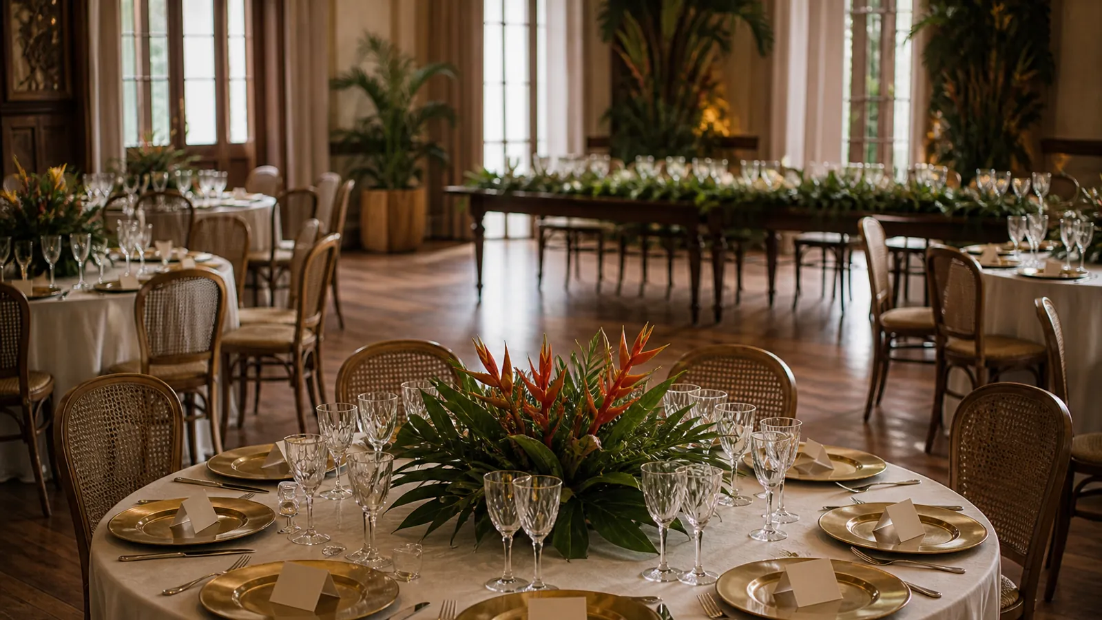 Mesa redonda posta para casamento em salão brasileiro, com marcadores de lugar e plaquinha de reservado ao fundo