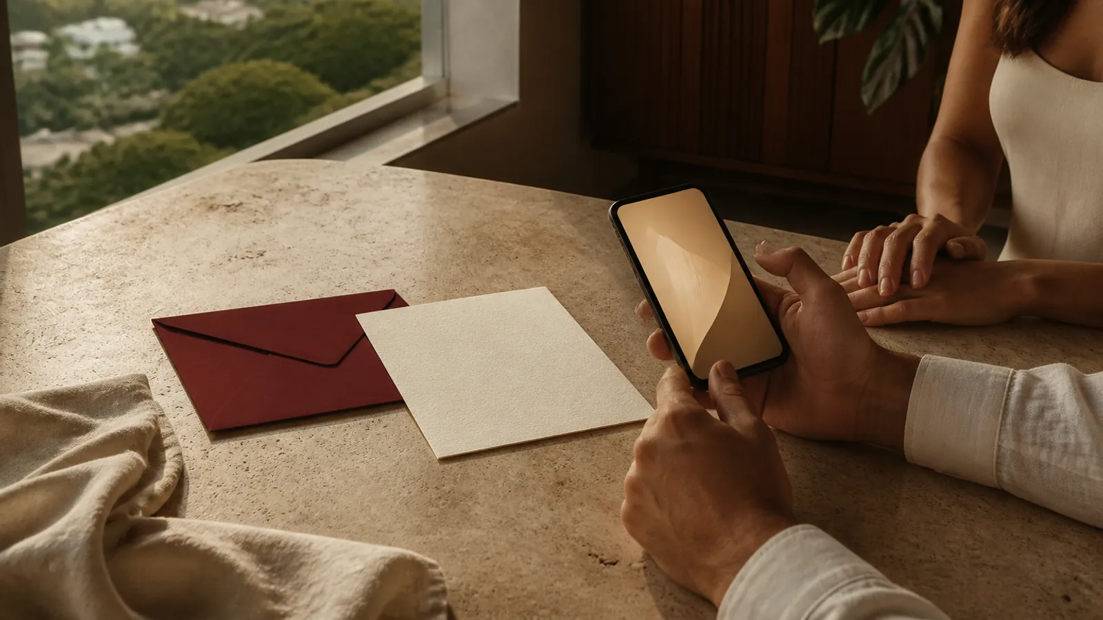 Casal compara um convite digital no celular ao lado de papel e envelope vinho
