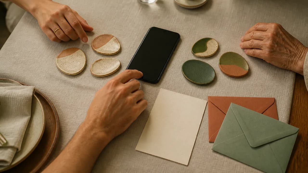 Cinco marcadores de lugar divididos em duas famílias ao redor de um celular