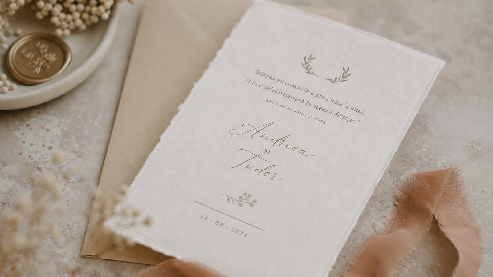 Text de invitatie de nunta cu un citat si numele mirilor, asezat pe un design elegant