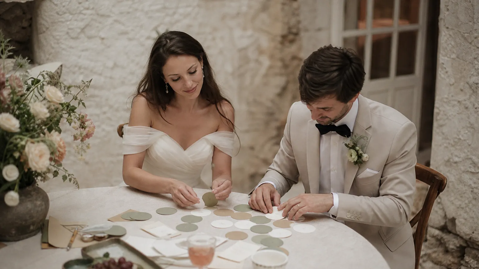 Doi miri lucreaza impreuna la lista de invitati, asezand nume pe cercuri