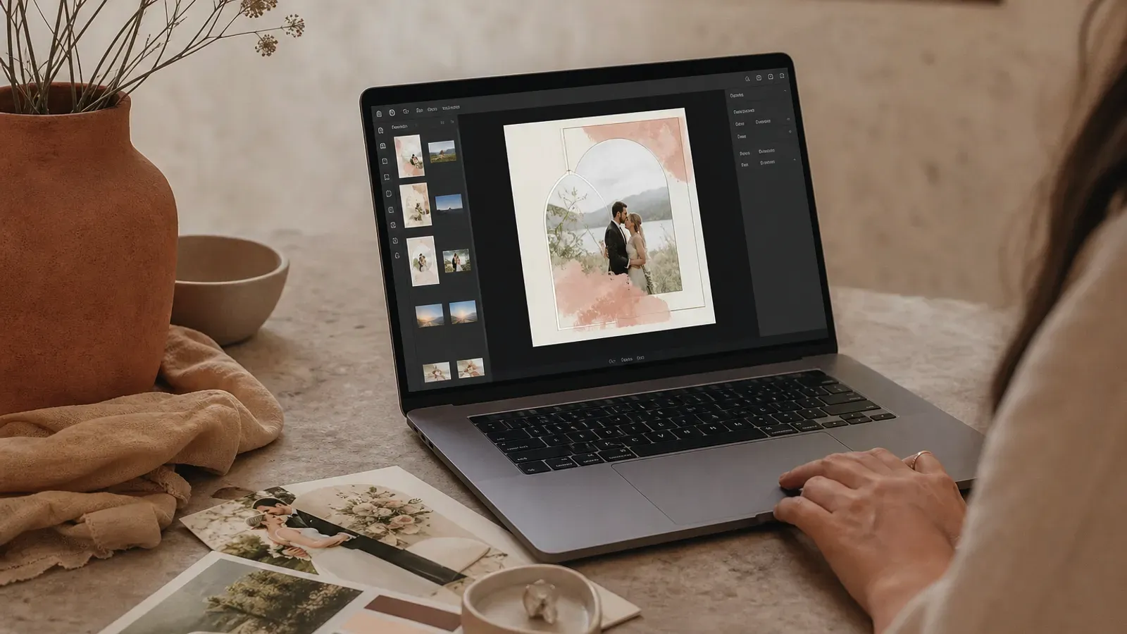 Editor de invitații digitale deschis pe laptop, cu un model de invitație de nuntă în lucru