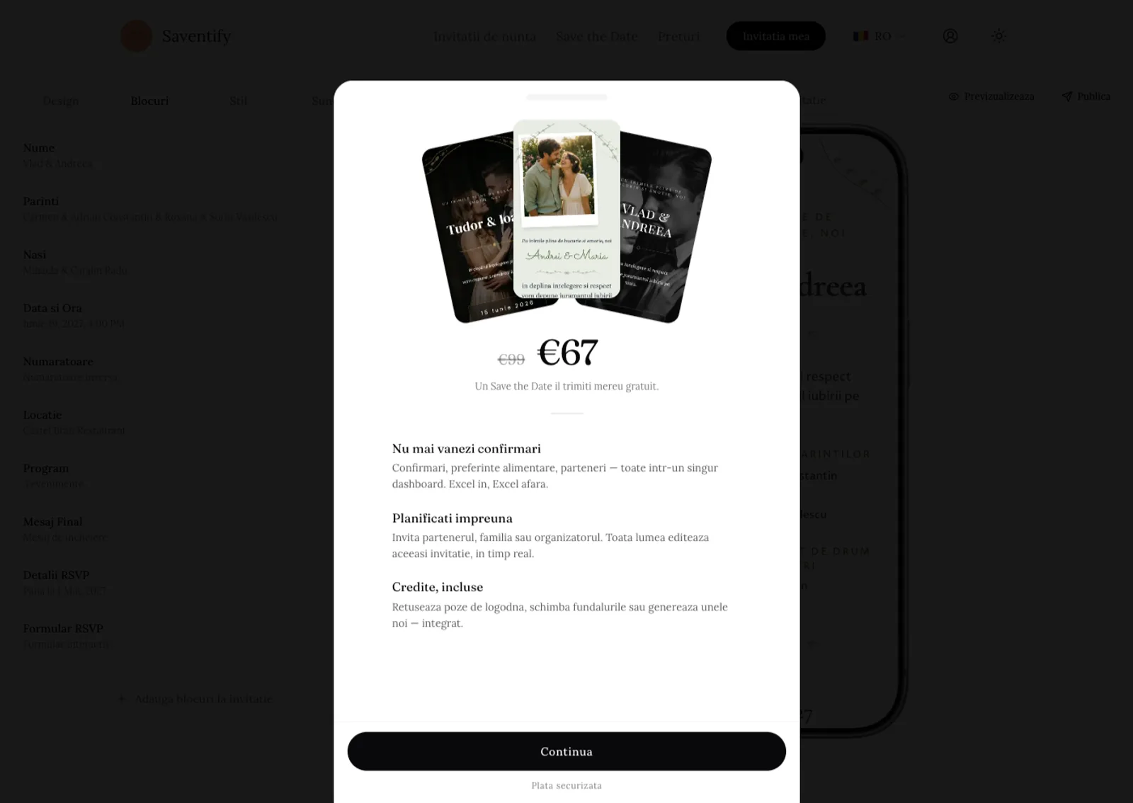 Fereastra de publicare din Saventify cu prețul unic de 67 de euro, dashboardul RSVP, editarea împreună cu partenerul și creditele foto incluse
