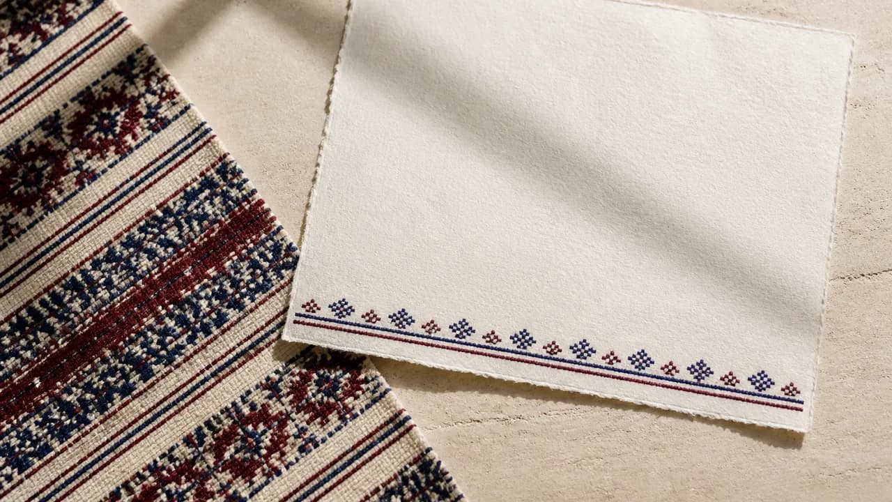 Detaliu de țesătură geometrică în bordo, bleumarin și crem lângă hârtie manuală albă, cu motivul redus la o bordură modernă