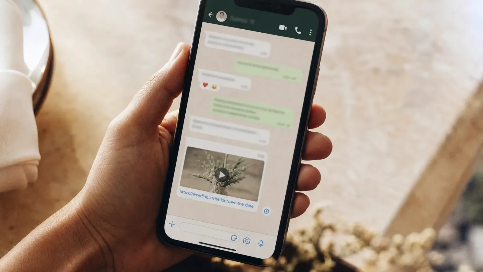 Telefon cu o conversație WhatsApp deschisă și linkul unei invitații de nuntă digitale